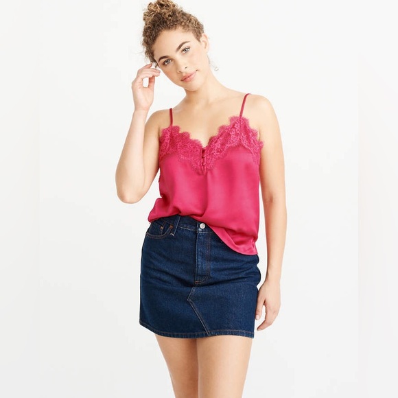 SOLD Abercrombie & Fitch Hot Pink Lace Trim Satin Cami Tank - Picture 2 of 9